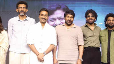 Dhanush showing respect to Nagarjuna and Chiranjeevi at Kuberaa event