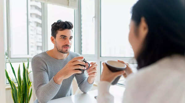 Confident eye contact during a conversation.