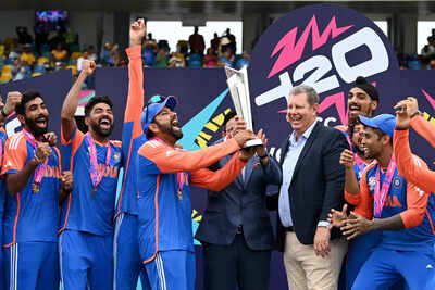 Rohit Sharma celebrates India's T20 World Cup win.